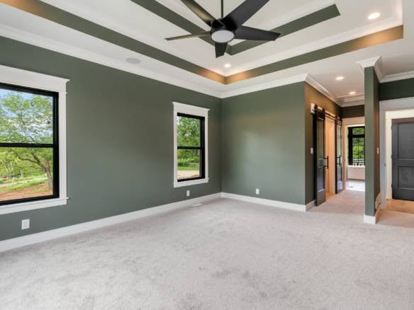 Modern bedroom interior with green walls, large windows, and a ceiling fan.