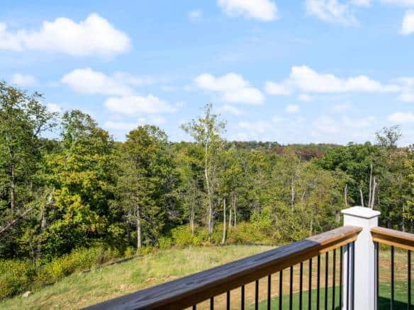Deck with wooden railing and scenic forest view.
