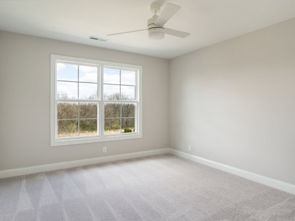 Interior view of a bright, spacious bedroom with large window and ceiling fan at 3234 Catalpa Farms.