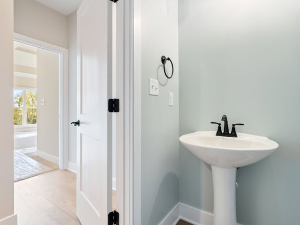 Bathroom with pedestal sink and modern fixtures.