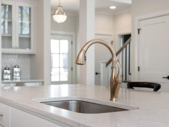 Kitchen sink with modern faucet in a bright, open-concept home.