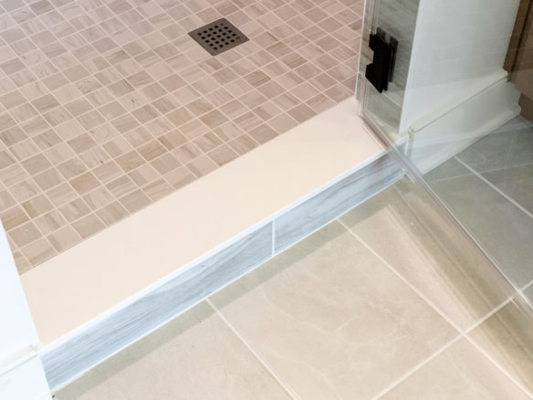 Modern bathroom shower transition with tile flooring.
