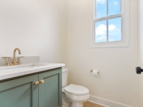 Bright bathroom with a white toilet and green vanity cabinet under a window.