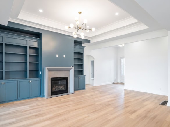 Modern living room featuring built-in blue shelves, a fireplace, and hardwood flooring.