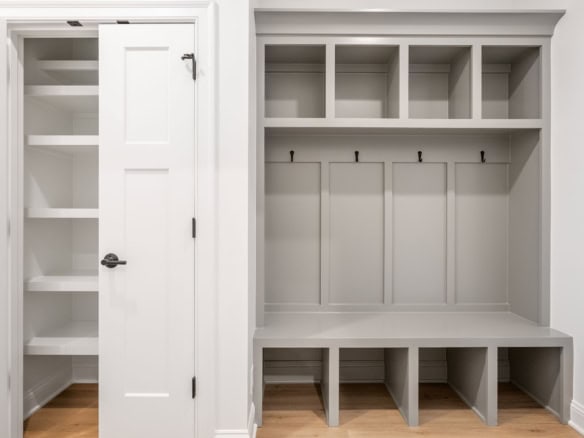 Modern built-in closet storage with shelves and hooks at 7395 Edith Way.