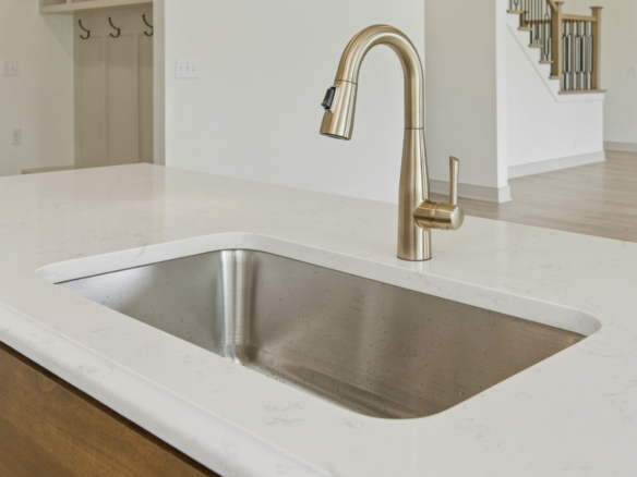 Brushed-brass kitchen faucet over a white countertop sink in a bright open-concept kitchen.