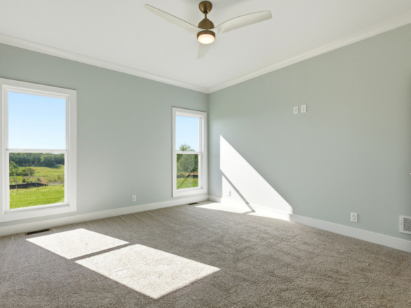 Empty sunlit room with light gray walls, white trim, and beige carpet; two large windows show a green landscape outside, and a modern ceiling fan hangs from the white ceiling.