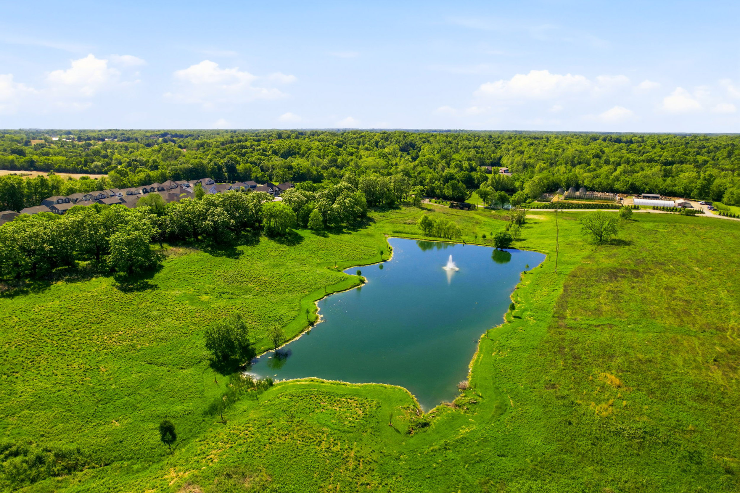 Aerial view of a lush green landscape with a winding pond and fountain, surrounded by trees and distant houses.