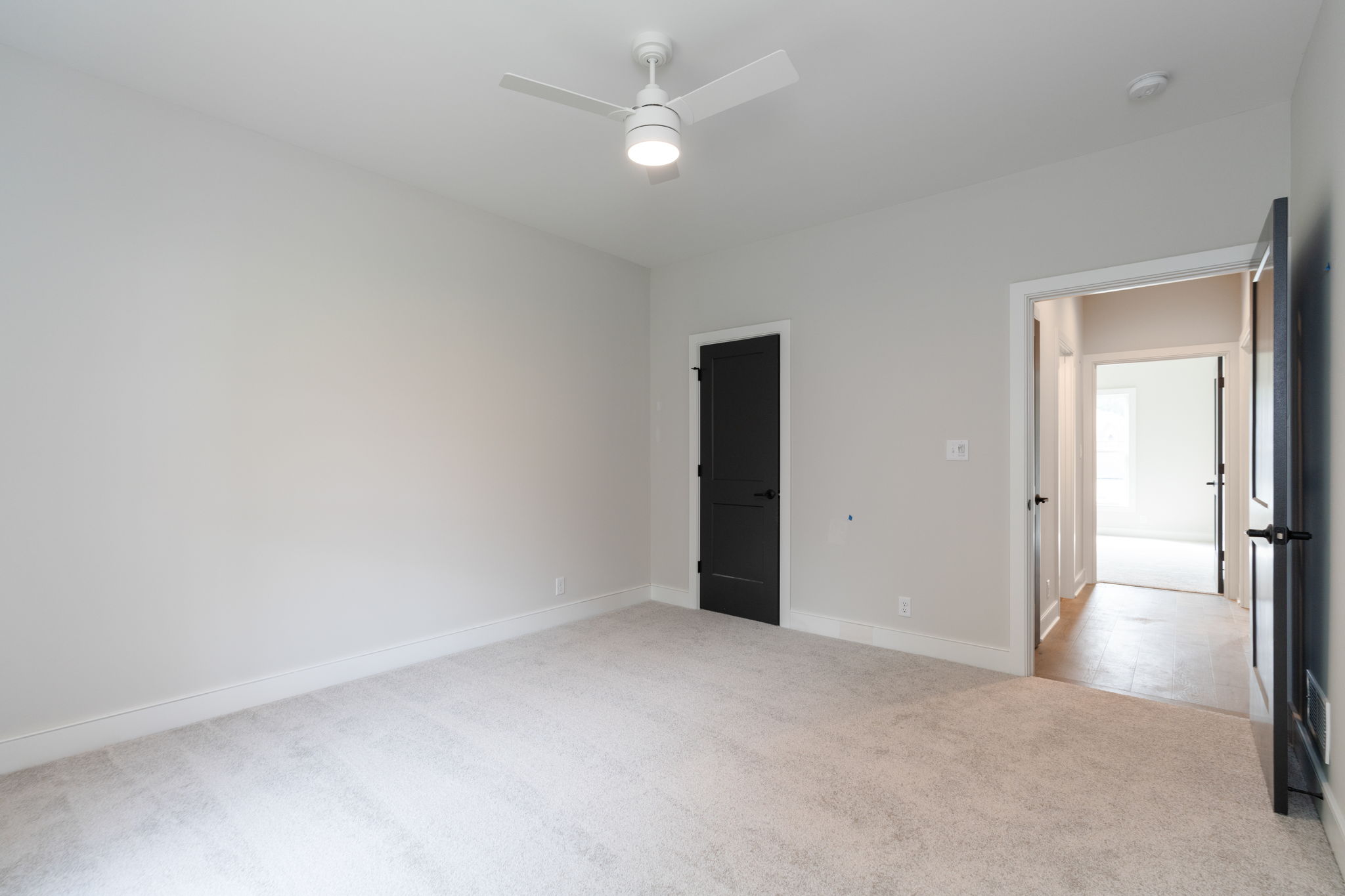 Empty light-filled bedroom with beige carpet, white walls, and a white ceiling fan; a black door and open doorway lead to a sunlit hallway.