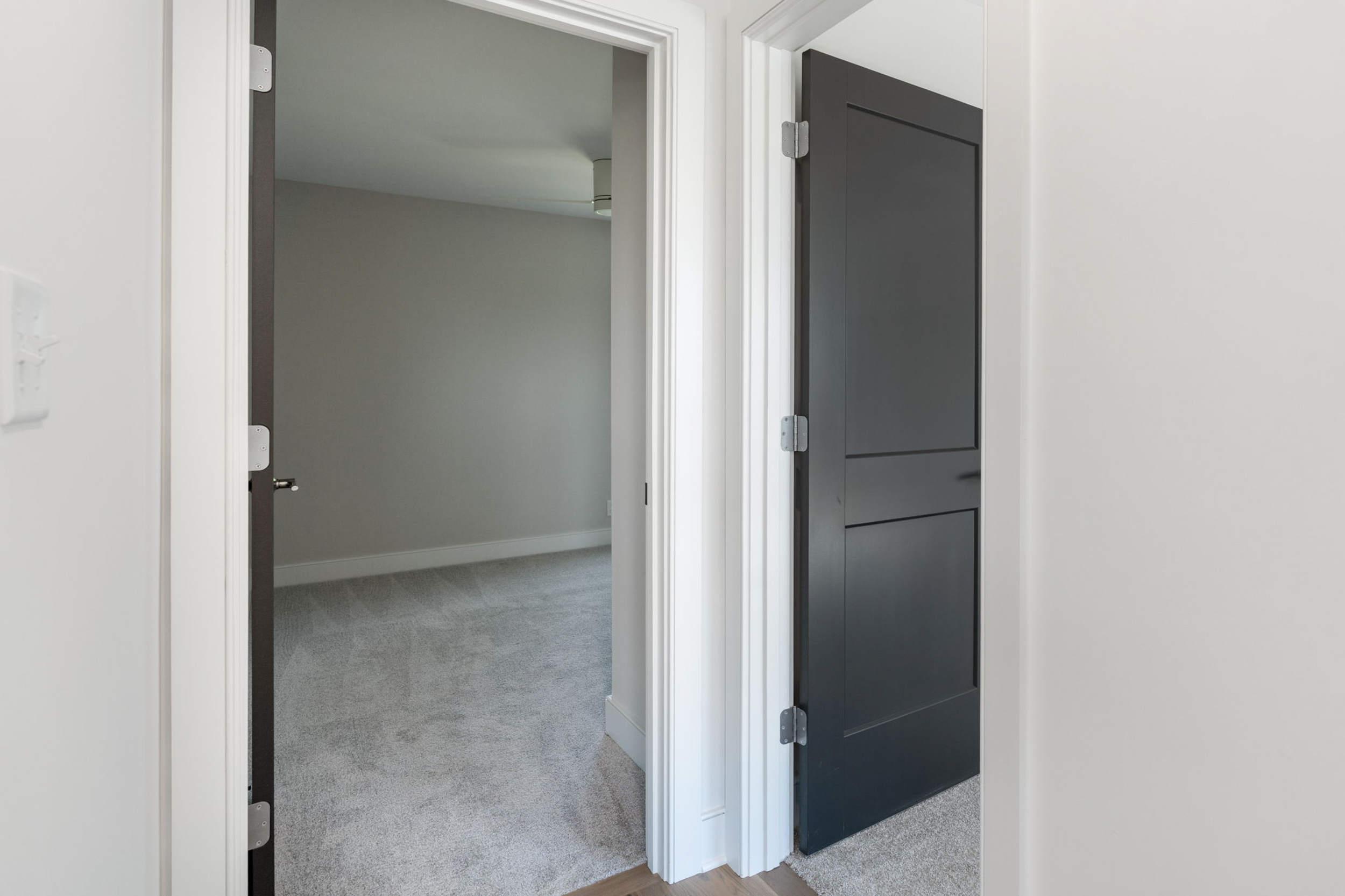 Opening to a carpeted room with gray walls and white trim, seen through an open doorway; a dark paneled door is on the right side of the frame.