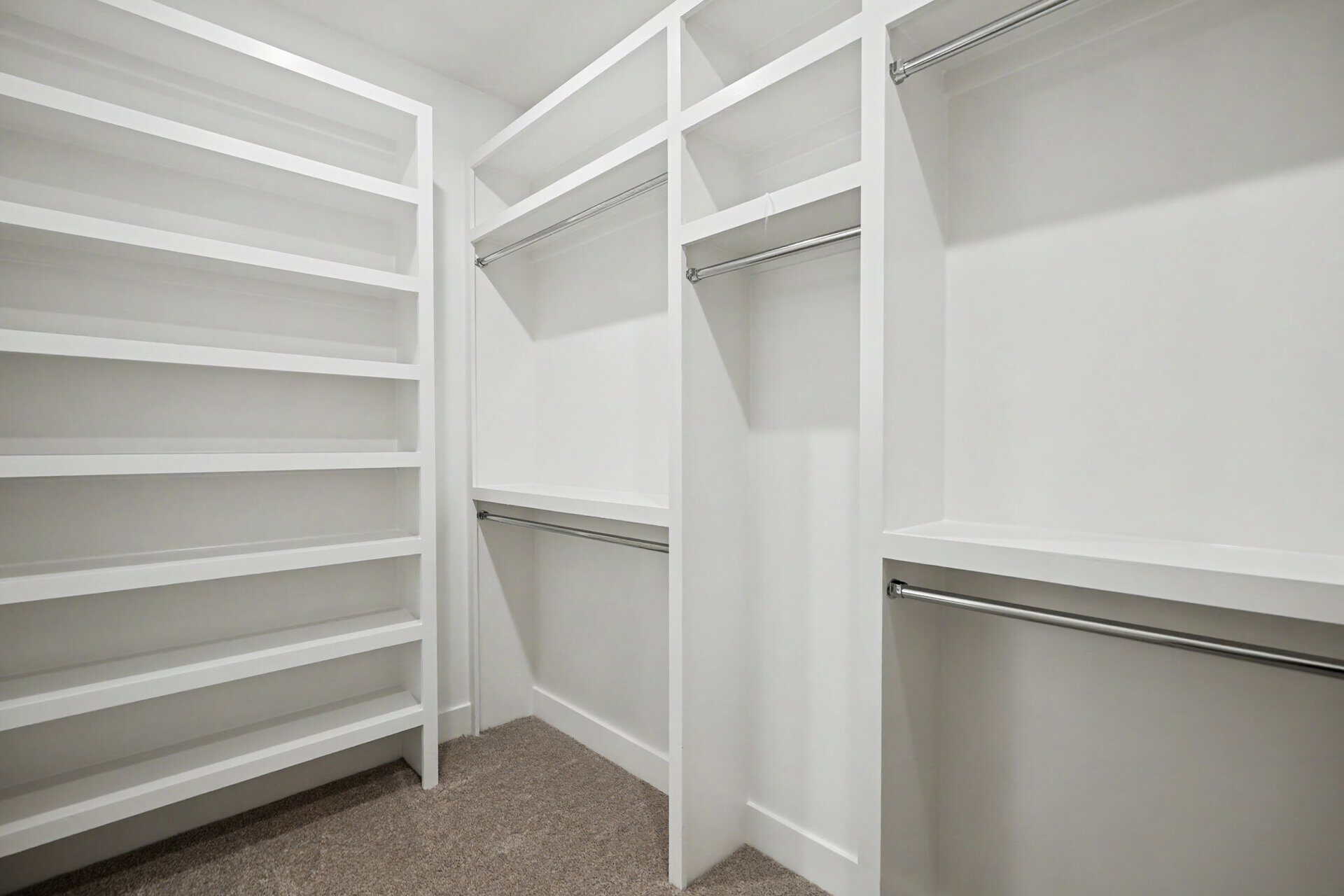 Spacious walk-in closet with white shelving and hanging rods in a new home.